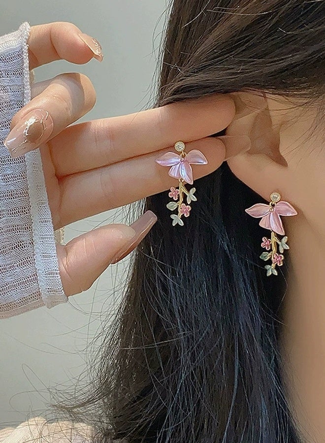 Gold Plated Women's Pink Mother of Pearl Butterfly Earrings with Small Flowers Elegant Dainty Versatile for Daily & Special Occasions - Image 1